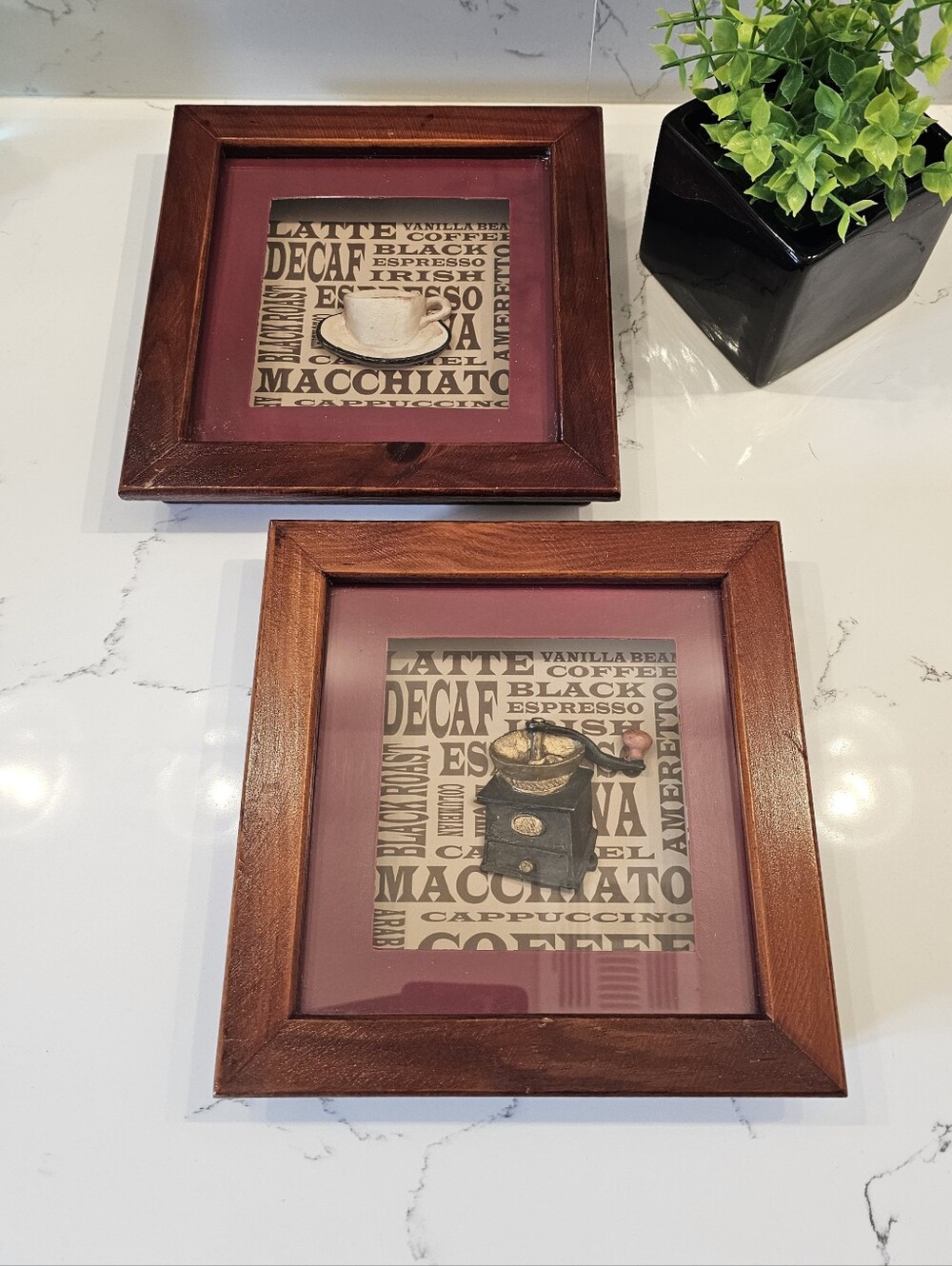 Coffee Wall Art - Set Of 2 with Brown Frame and Burgandy Mat